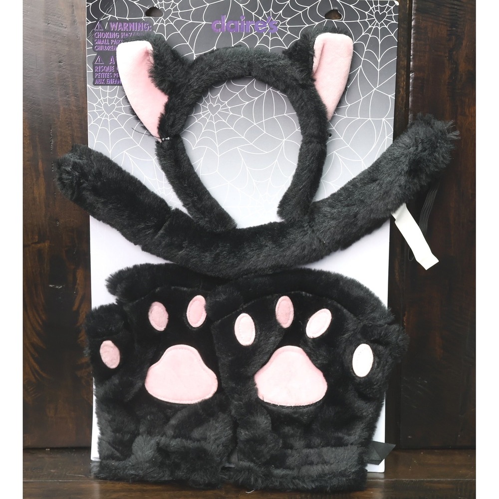 Claire's Black Cat Costume Set Girls O/S New Faux Fur Ears Tail Paw Gloves